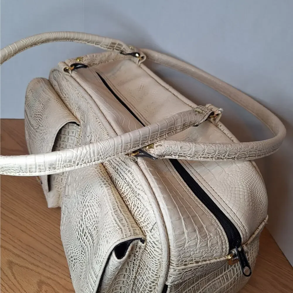 VTG Cream Croc Embossed Pet Carrier Tote Bag Small Dog Cat Mesh Windows Pockets